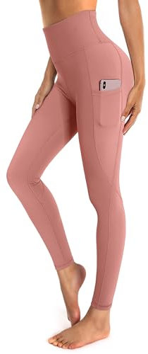 OUGES Damen Sport Leggings High Waist Leggins Yogahose Blickdichte Sporthose mit Taschen (Bohnenpaste Rose,XL)