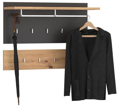 IDIMEX Wandgarderobe BILBAO 2-teilig, Artisan Eiche/Kosmos Grau, bietet neun Kleiderhaken, eine Kleiderstange und eine Hutablage. Weitere Features: Garderobenpaneel, Flurgarderobe, Garderobenset
