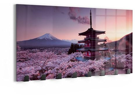 DEQORI Wandgarderobe Glas & Metall | Motiv Kirschblüten Tempel Japan | 60x30 cm | Design Haken-Leiste modern | Garderoben-Paneel für Flur, Wohnzimmer & Schlafzimmer | magnetisch & beschreibbar