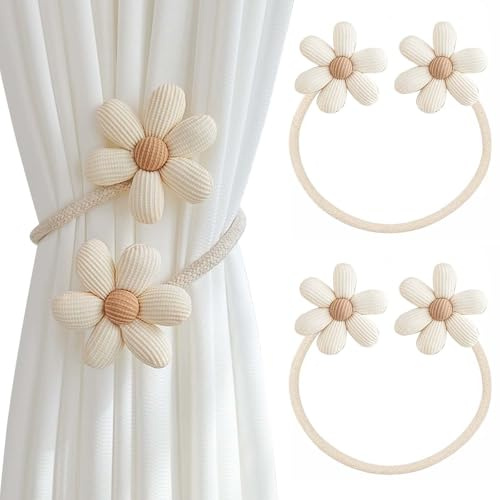2 Stück Vorhang Raffhalter, Blumen Gardinenclips, Verstellbare Vorhang Seil Schnallen aus Baumwollstoff, Vorhanghalter für Wohnzimmer, Büro, Schlafzimmer, Fensterdekoration (Beige)