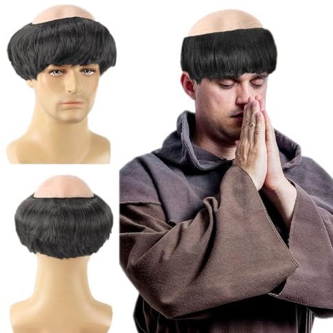 FOUNSHO Monk Bald Cap Wig Short Straight Hair, Men's Fancy Dress Bowl Cut Funny Wig, Monk Costume Bald Head Cap with Black Friar Hair, Old Man Grandpa Party Halloween Cosplay (Black)