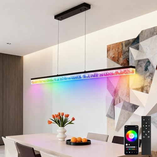 72W Pendelleuchte RGB Farbwechsel Dimmbar Esszimmerlampe Hängelampe Moderne Linear Pendellampe mit Fernbedienung App, Höhenverstellbar, Kristall Kronleuchter für Esstisch Küche Wohnzimmer Party,100CM