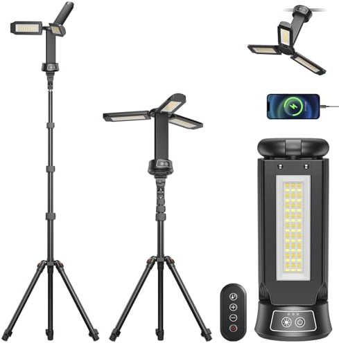 JADIDIS Campinglampe Aufladbar mit Fernbedienung, 15000mAh 5000LM LED Baustrahler Akku Dimmbar, 5 Modi, 2,08m Teleskopstativ, LED Arbeitsleuchte Akku Strahler mit Tragetasche für Camping Baustelle