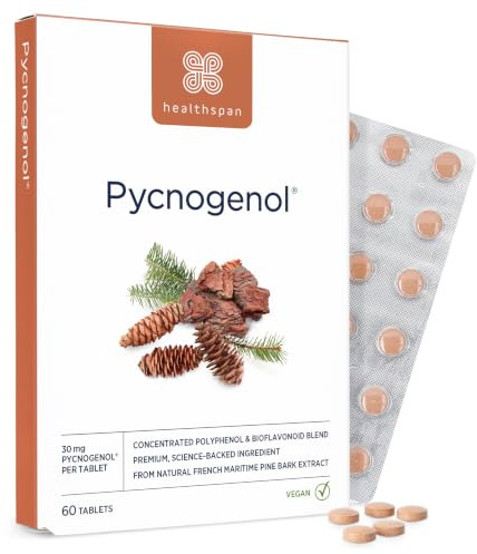 Healthspan Pycnogenol 1,800mg (60 Tablets) | French Maritime Pine Bark | Natural Extract | Providing Unique Blend of Bioflavonoids | No Pesticides and No Herbicides | Vegan
