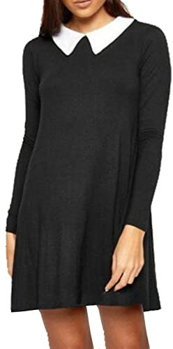 Re Tech UK Ladies Plain Peter Pan Collar Long Sleeve Swing Dress Midi Skater A-Line Flared Black, Black, 12 - 14 M/L