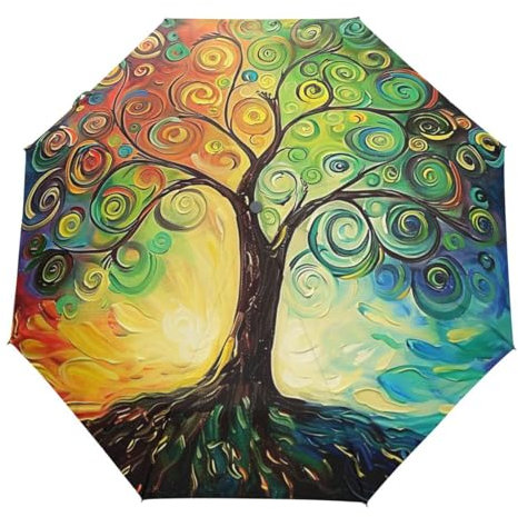 Wamika Regenbogen Baum des Lebens Auto Regenschirm Öffnen Schließen Ölgemälde Kunst Anti-UV Regenschirme Kompakt Winddicht Leicht Sonnenschirm Regenschirm für Reisen Auto Schule Sonne & Regen