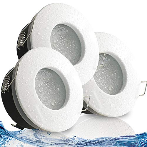 trendlights24 NAU IP65 LED Bad Einbaustrahler flach 5W dimmbar 230V 3er Set | Weiß, rund, Einbautiefe 50 mm, Warmweiß, 3000k, 110°, Decken Einbauspots, Feuchtraum, außen, LED austauschbar