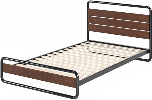 Zinus Therese Single Bed frame - Bed 90x190 cm - 20 cm Height - Metal and Wood Platform bed frame with wood slat support - Brown