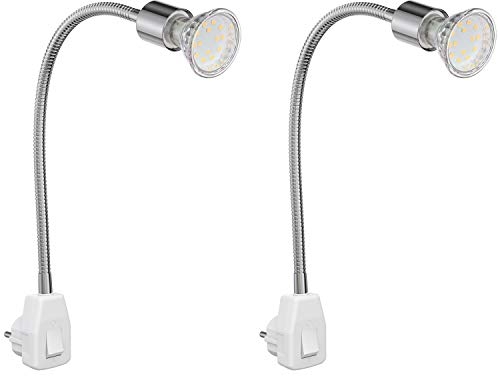 ledscom.de 2 Stück Steckdosenlampe LESCH Leselampe Schwanenhals, Schalter, Chrom inkl. GU10 LED Lampe PAR2,339W 227lm 110° warm-weiß