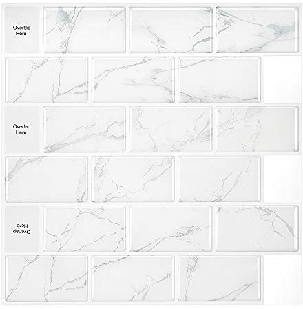 Fliesenrückwand zum Abziehen und Aufkleben, selbstklebende Fliesenaufkleber, Carrara-Marmor, weiße U-Bahn-Fliesen, Tapete für Küche, Badezimmer, Waschküche, 30,5 x 30,5 cm, 10 Blatt