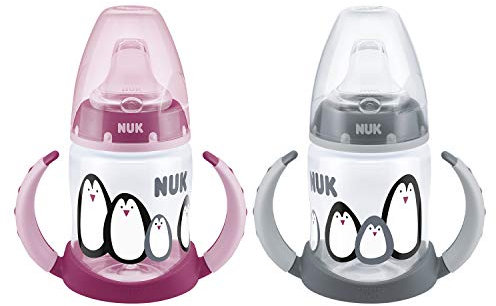 NUK First Choice+ Learner Cup Sippy Cup | 6-18 Months | 150 ml | Anti-Colic Vent | Leak-Proof Silicone Spout | BPA-Free | 2 Count | Monochrome Animals (Pink and Grey)