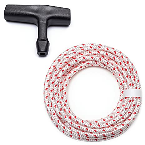 DF QUALITY 10 Meter hochwertiges Starterseil rot/weiß inkl. 1 Startergriff für Motorsäge Rasenmäher Gartengeräte Baugeräte Boot Kart RC Flechtschnur Anwerfseil (3,0 mm x 10 m)