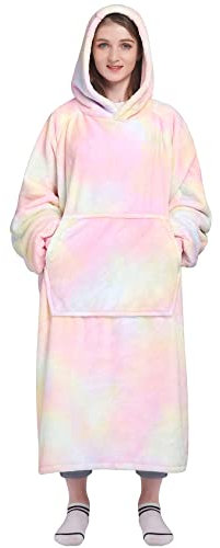 Waitu Wearable Blanket Sweatshirt Gifts for Women and Men, Super Warm and Cozy Blanket Hoodie, Thick Flannel Hoodie Blanket with Sleeves and Giant Pocket, Blanket Robe for Adults and Kids - Rainbow