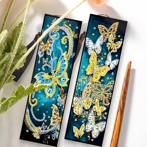2 set Diamond Painting Lesezeichen für Diamant malerei, Malen nach Zahlen Handwerk, Geschenkset für Geburtstag, Weihnachten Basteln (grüner und goldener Schmetterling)