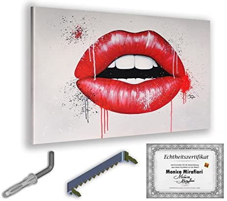Monica Mirafiori I 100% HANDGEMALT I Gemälde Rote Lippen 90x60cm | Gemälde Handgemalt | Acrylgemälde | Sehr Großes Acrylbild I Moderne Kunst I Kunstbilder
