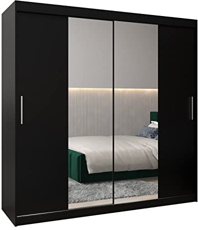 ABIKSMEBLE Tokyo 1 200 Armoire moderne avec miroir, barre et étagères 2 portes coulissantes 200 x 200 x 62 cm (largeur x hauteur x profondeur) Noir mat