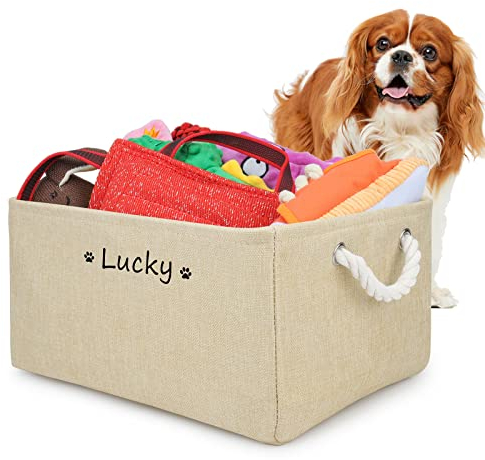 Cuperay Personalisierte Hundespielzeug Aufbewahrung mit Namen, Faltbare Spielzeugkorb mit Baumwollgriff, Spielzeugkiste für Die Organisation Von Haustier Spielzeug und Haustierzubehör(Beige)