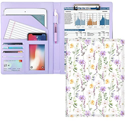 WAVEYU Padfolio, Portfolio, Kunstleder, Vorstellungsgespräche, Lebenslauf, Schreibblock mit Dokumenten-Organizer und Visitenkartenhalter, Mappe mit Stiftschlaufe, Klemmbrett, für Damen, weiße Blume