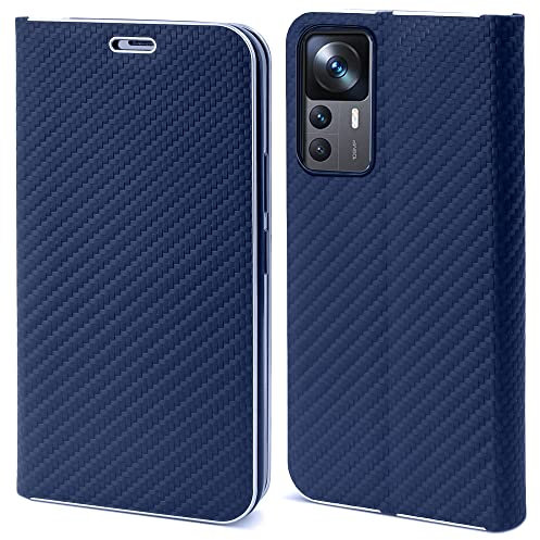 Moozy Hülle für Xiaomi 12T und 12T Pro, Dunkelblau Carbon - Metallischer Kantenschutz Klapphülle Handyhülle mit Kartenfach und Standfunktion