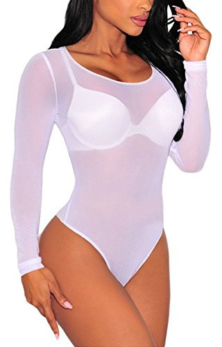 MAYFASEY Women Long Sleeves Stretch Mesh See Through Jumpsuit Bodysuit Leotard Club Party Bodycon Tops, White, M