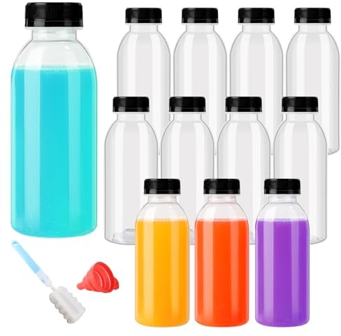 YBCPACK 12 Pack Plastic Juice Bottles with Lids, 450ml/16oz Heat Resistant Reusable Empty Shot Bottles for Hot and Cold Drinks, Water, Juice, Milk, Smoothie, Ginger (Dishwasher-Safe)