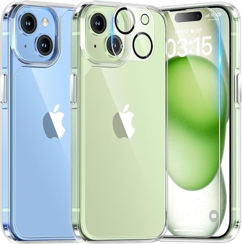 TAURI Cover per iPhone 15 Plus con Pellicola in Vetro Temperato,Custodia per Sottile Antishock, Anticaduta - Trasparente