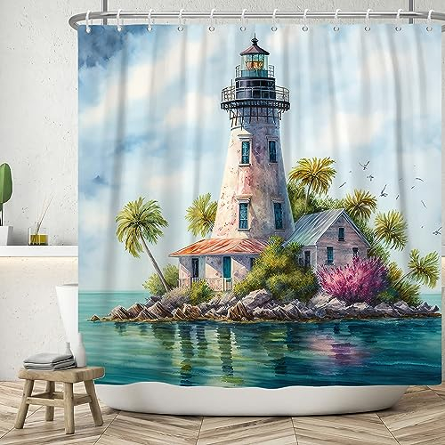 ASDCXZ Rideau de Douche 180x200 cm, Art Moderne Aquarelle Bleu Océan Petite île Phare Palmiers Oiseau Lavables Textile Rideau de Bain imperméable pour Baignoire avec 12 Crochets