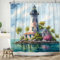 ASDCXZ Rideau de Douche 180x200 cm, Art Moderne Aquarelle Bleu Océan Petite île Phare Palmiers Oiseau Lavables Textile Rideau de Bain imperméable pour Baignoire avec 12 Crochets