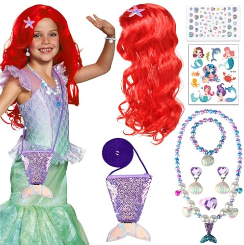 BIQIQI Meerjungfrau Perücke Mädchen Prinzessin Meerjungfrau Kostüm mit Rote Meerjungfrau Perücke Geldbeutel Schmuck Nagelaufkleber Tätowierungen für Karneval Party Halloween Cosplay