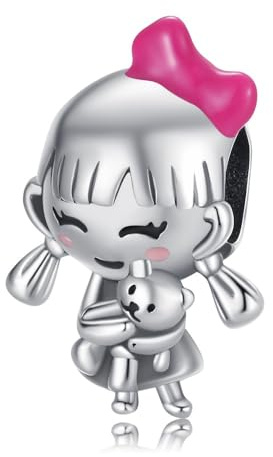 Charmes Fille tenant un petit ours pour Bracelets - Charms de Perles ajourées en Argent Sterling 925, charmes de Coeur d'amour pour Bracelets et Colliers pour Femmes