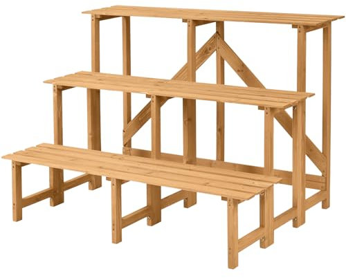 SPOTRAVEL 3-Tier Plant Stand, High Low Ladder Flower Shelf Plant Pot Rack, Indoor Outdoor Wooden Corner Shelf Flower Display Organizer for Garden Lawn Patio Office, 120 x 78 x 82cm