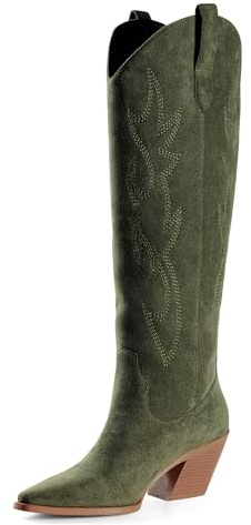 iiimmu Stivali da cowgirl da donna, stivali alti al ginocchio, a punta e tacco a blocco, stivali da cowboy in pelle scamosciata con ricamo, Verde, 40.5 EU