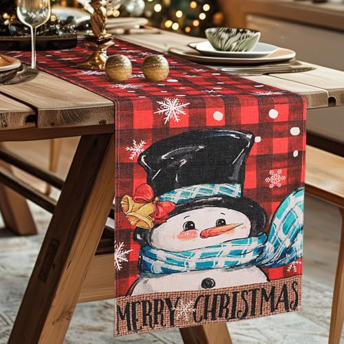 Tischläufer Weihnachten 35x180cm,Weihnachten Tischläufer Küche Tischdekorationen,Weihnachtsfeier Dekorationen-Rot-Schwarz kariert und Schneemann