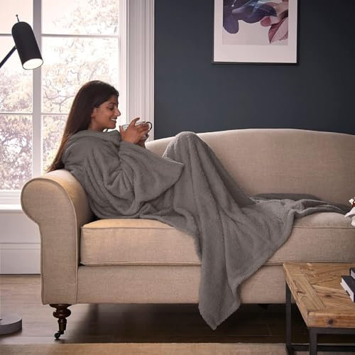 Value Comfort Home Supersized Fleece Throw Blanket with Foot Pocket, Transforms into Cushion, Soft Teddy Fleece, Grey (Charcoal Grey)