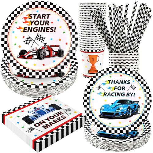 BOIKOKY 120 Pièces Décorations de Fête d'Anniversaire sur le Thème de Voiture de Course, Fournitures de Fête sur le Thème de Racing Car, Vaisselle Jetable | Pour 24