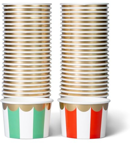 Paper Ice Cream Cups, 50-Pack 250ml Disposable Dessert Bowls for Hot or Cold Food, 250ml Christmas Party Supplies Treat Cups, Red and Green Stripes, Scalloped Gold Foil