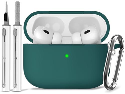 Inesore Compatible with Airpods Pro 2nd/1st Case Cover,Silicone Protective Case for Apple Airpods Pro 2nd/1st Generation Charging Case with Keychain and Cleaner Pen,for Women Men(Deep Green)