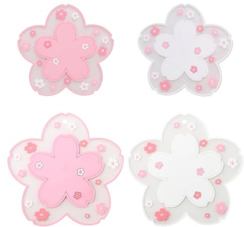 PVC Sakura Tapis Coaster - Dessous de Verre Lavables à Motifs Fleurs de Cerisier - Antidérapant Joli Dessous Verre - Morceaux De PVC Souple - 4 Pièces