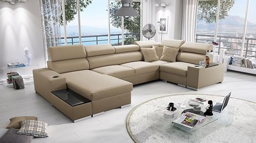 All4All Ecksofa mit Schlaffunktion Porte 358 cm x 205 cm - Wohnlandschaft U-Form - Schlafsofa mit Bettkasten - XXL Sofa - Groß - Gewebe - Beige - Linke Seite - Modern 26