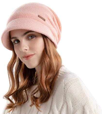 AYPOW Winter Knit Slouchy Visor Hat, Fleece Lined Warm Thermal Hat with Brim, Pullover Ear Protection Hat, Beret Hat Newsboy Cap, Daily Winter Outdoor hat for Ladies