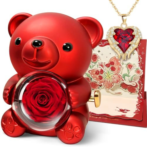 DINGHENG Rosen Bär Mit Herz Damen Halskette, Konservierter Rosen Bär Ewige Echte Rose Blumen Geschenkbox Geschenke, für Frauen Freundin Mutter Muttertagsgeschenk Weihnachten Valentinstag - Rot