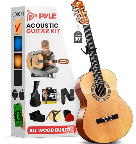 Pyle Kit de guitarra acústica para principiantes, tamaño junior 1/4, cuerdas de nailon, con cejilla, correa, juego de cuerdas extra y bolsa de concierto