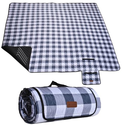 HX&OD Picnic Outdoor Blanket, Extra Large, 80''x80'' Waterproof Foldable Blankets Gingham Picnic Mat for Beach, Camping Grass Lawn Park Accessories Cute Couple Ideas Wedding (Gray, 80”x60”)