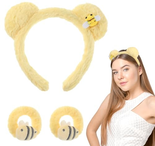 Abeillo Yellow Plush Bear Ears Headband with Hair Ties and Ponytail Holders, Soft Towels Washbands Elastic Plush Bear Spa Hairband, Cute Costume Accessories for Women