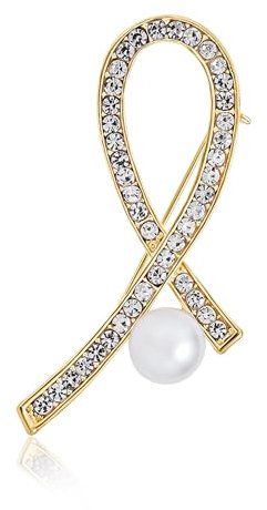 Elegante Weiße Simulierte Perle Mit Klarem Kristall Pavé Band Brustkrebs Überlebende Brosche Gelbgold Plattierter Akzent Ermächtigender Schmuck Für Frauen