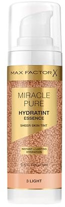 Max Factor Miracle Pure Hydratint Essence, feuchtigkeitsspendendes Make-up mit leichter Deckkraft, 71 Prozent wasserbasiert, mit Mikro-Kapsel Pigmenten, 30 ml, Fb 3 Light