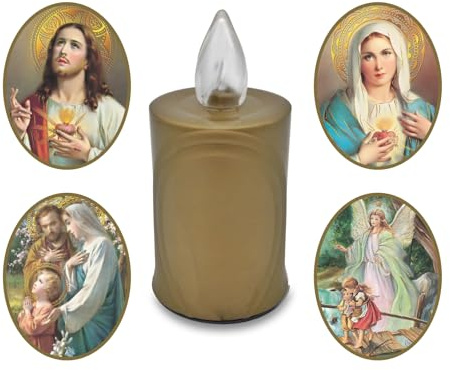 AROBA 4x LED Grabkerze Trauerlicht - Flackereffekt wie echte Kerze - lange Brenndauer bis 120 Tage - wiederverwendbar Friedhofskerze Gedenkkerze - gold inkl. Auswahl an Heiligen