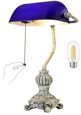 Newrays Lámpara de escritorio retro azul de cristal, bombilla LED incluida | oficina en casa, biblioteca, con interruptor de cadena y enchufe
