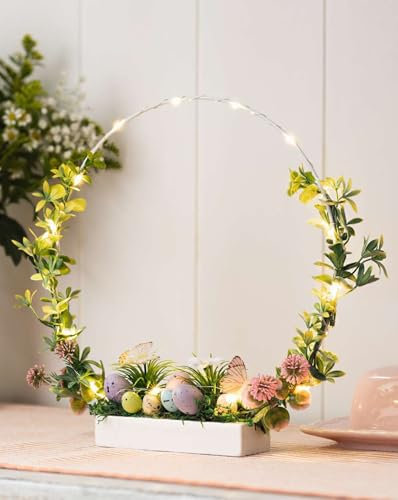 Dekoleidenschaft LED Dekoring Ostern aus Metall, Ø 30 cm, auf Holz Sockel, Tischkranz, Osterkranz, Leuchtdeko, Osterdeko, Dekokranz für Tisch & Fenster, Frühlingsdeko beleuchtet, Osterbeleuchtung