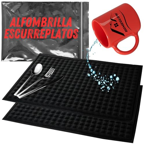 HomeGlow Alfombrillas Escurreplatos de Microfibra Negra 51x38 cms · Pack de 2 · Antideslizante y Absorbente · para la Encimera de Cocina · Secado de Platos, Vasos, Cubiertos y Utensilios Delicados